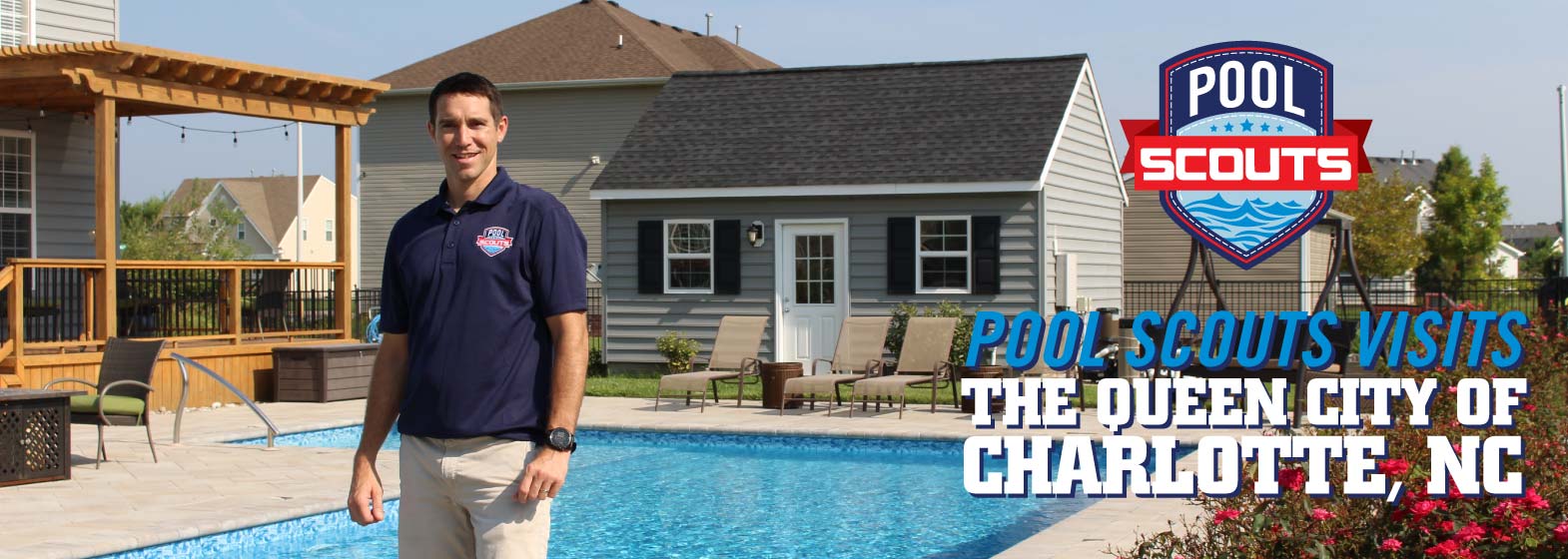 Pool technician standing in front of clear pool in Charlotte