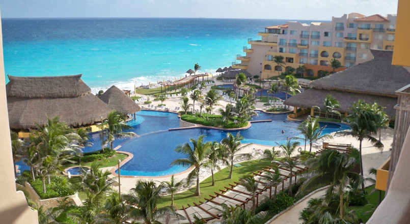 Aerial view of Fiesta Americana Condesa Cancun with ocean in background