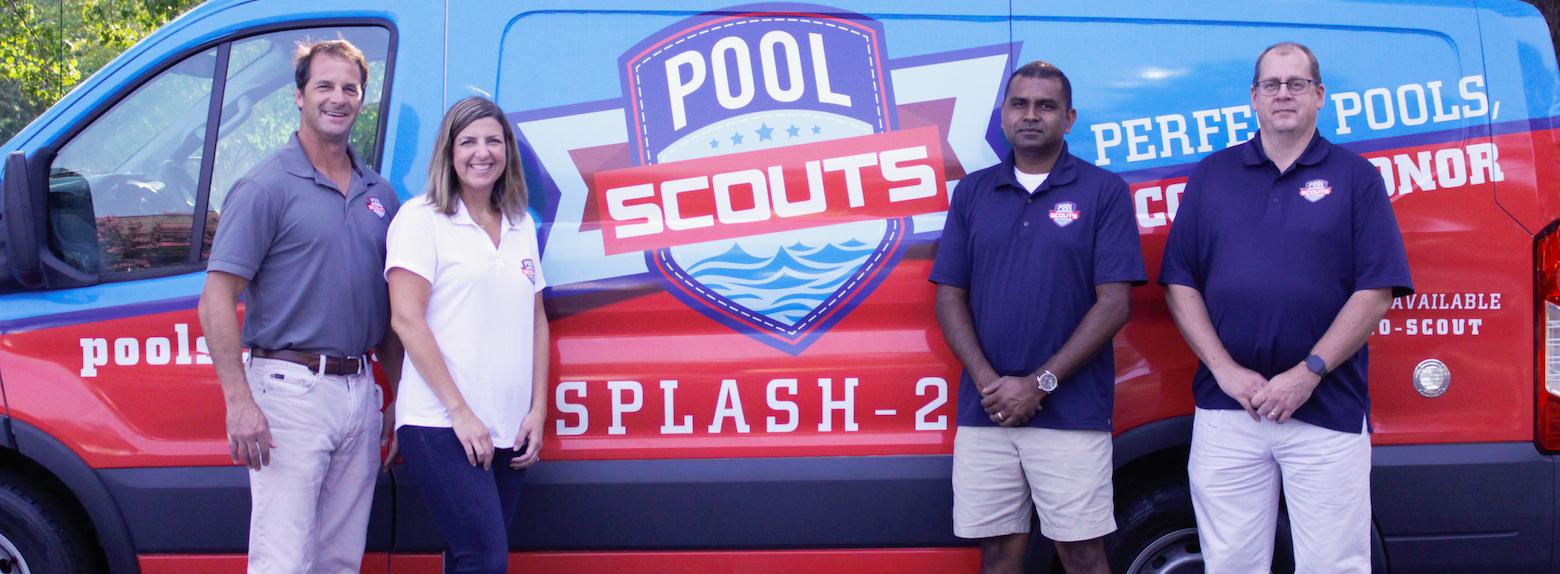 Pool Scouts corporate team standing in front of Pool Scouts van smiling