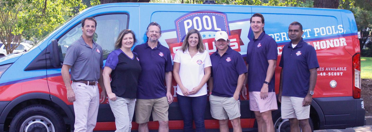 Pool Scouts owners from Dallas standing in front of Pool Scouts van