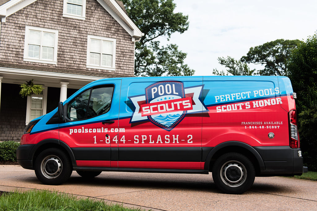 Pool Scouts van parked in customer's driveway